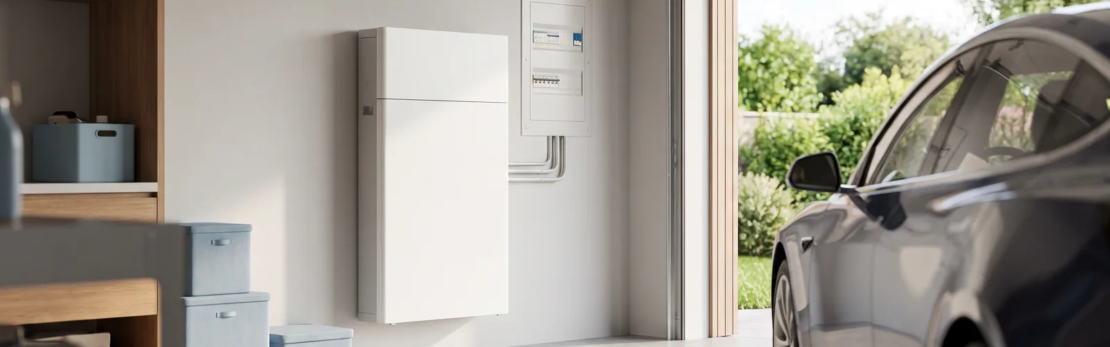 Thuisbatterij aan de muur van een garage in een Belgische woning