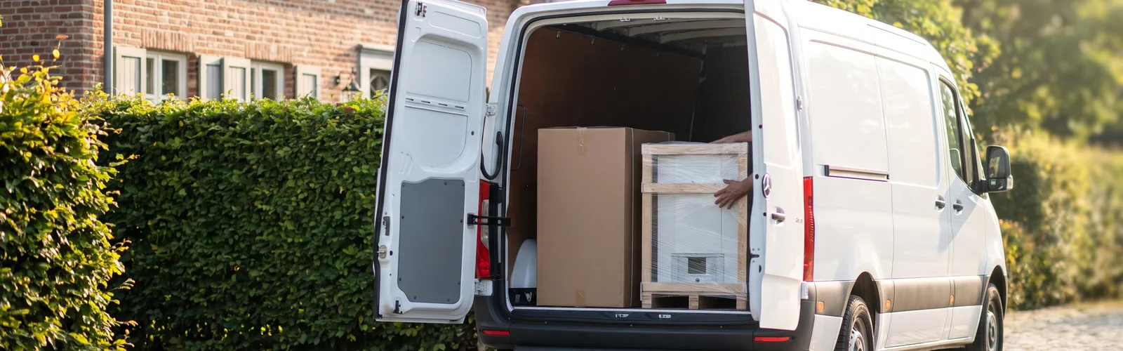 Bestelbus met pallet en pakket bij een Belgisch huis