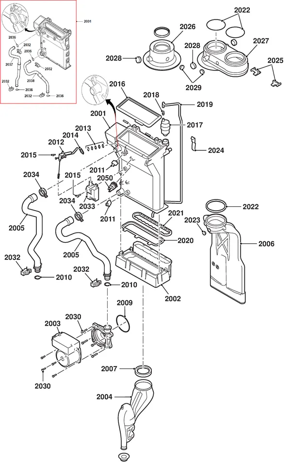 Exploded view Remeha Calenta 28C Combi CW4: Wisselaar pomp rookgasafvoer