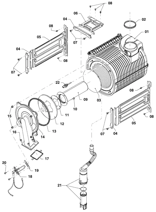 Exploded view Vaillant ecoTEC plus VHR 45/5-5: Brander en warmtewisselaar