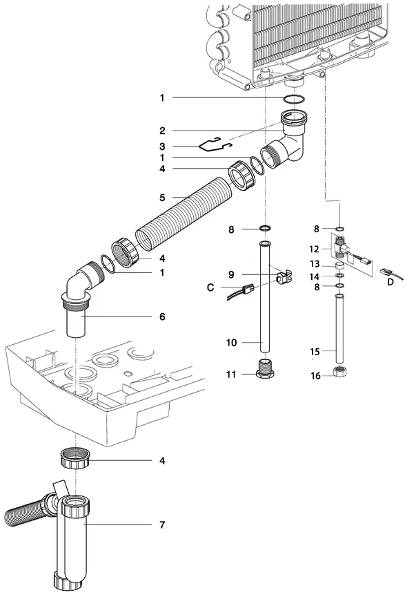 Exploded view Intergas Kombi Kompakt HR 28/24A: Tapwaterzijdig condensafvoer tot augustu