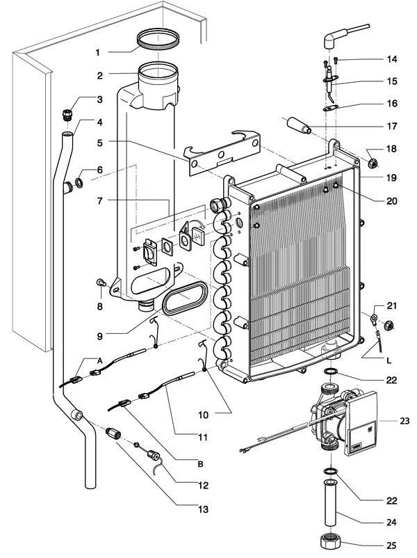 Exploded view Intergas Kombi Kompakt HR 28/24A: Wisselaar rookgas waterzijdig vanaf augu