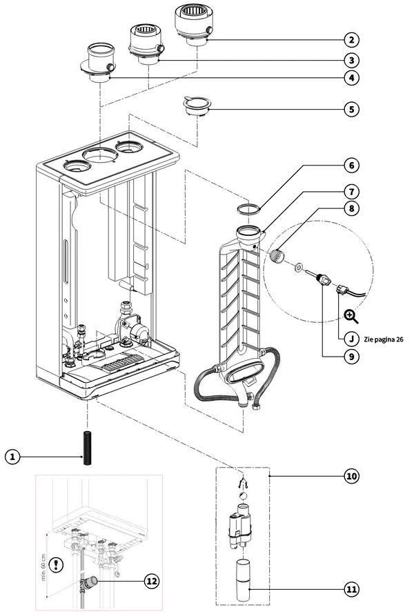 Exploded view Intergas Xtreme 30: Rookgas en condensafvoer