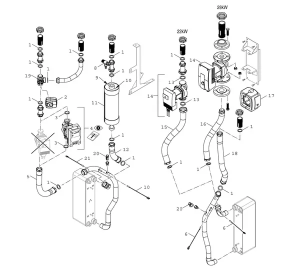 Exploded view Bosch Compress 7000 LW EHP 28-2 LW: Pompgroep 22 28