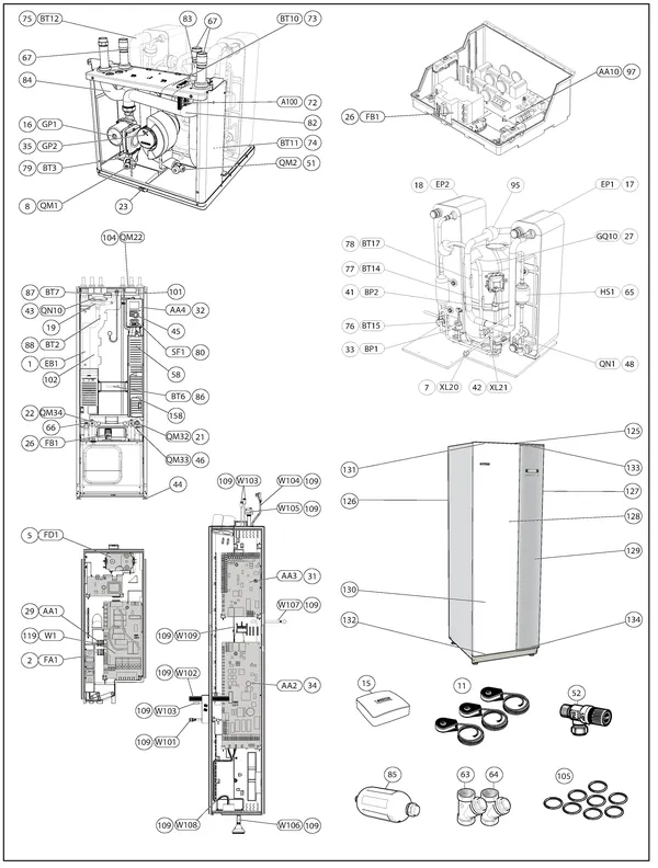 Exploded view Nibe F1245-8 R 1x230V | 065147: Totaaloverzicht