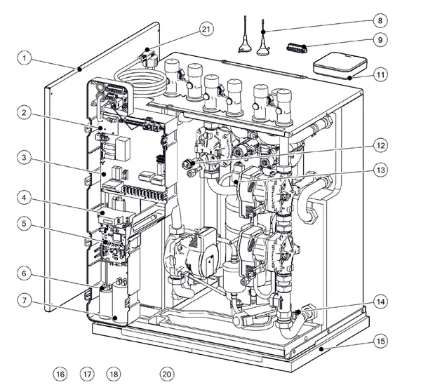 Exploded view Itho Daalderop 5e generatie WPU 18-KC (03-00662): Behuizing elektronica sensoren