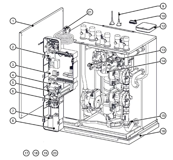 Exploded view Itho Daalderop 5e generatie WPU 18-E (03-00663): Behuizing elektronica sensoren