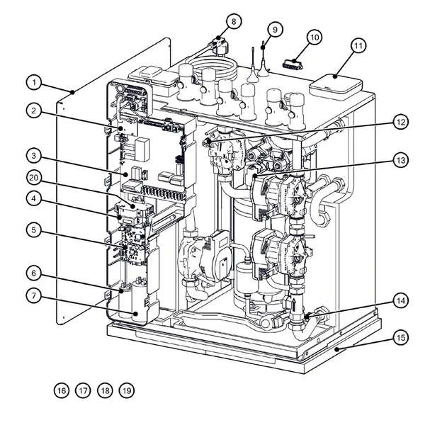 Exploded view Itho Daalderop 5e generatie WPU 35-E (03-00701): Behuizing elektronica sensoren