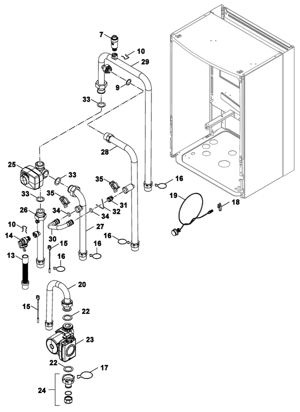 Vue éclatée Nefit (Bosch) Monoblock IDU 13-17 B : Pièces de raccordement