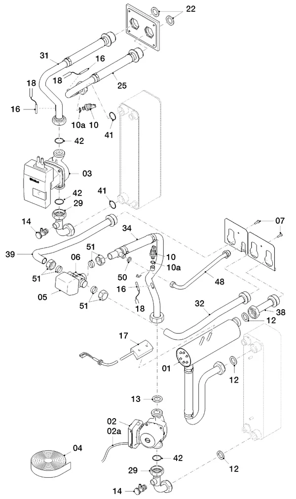 Vue éclatée Vaillant flexoTHERM VWF 157/4 : Pièces hydrauliques