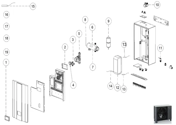 Exploded view Itho Daalderop HP-S 110 binnendeel: Totaaloverzicht