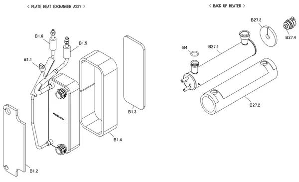 Vue éclatée Daikin 3 R F - EHFH03S18DJ3V | unité intérieure : Échangeur à plaques et résistance d'appoint