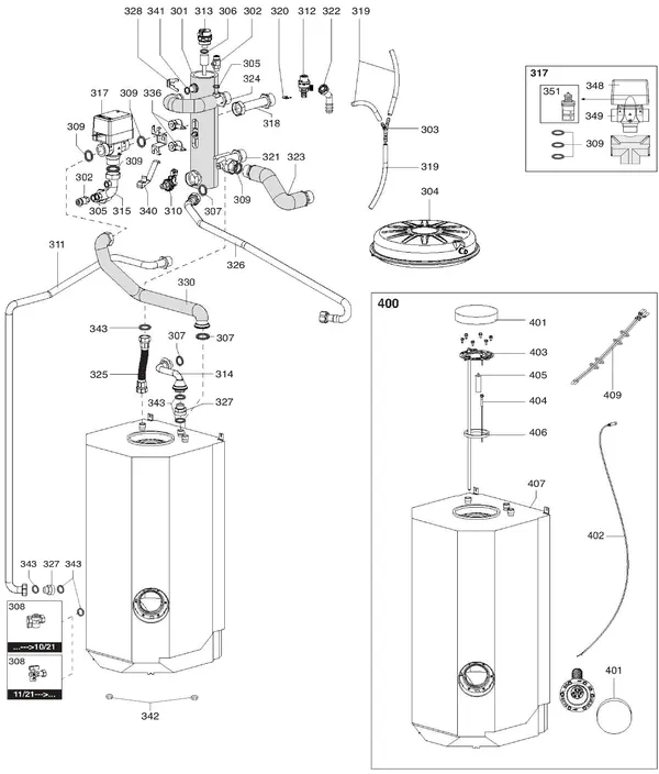 Exploded view Atag IDM-L F | binnenunit staand: Hydraulische componenten
