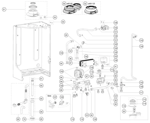Exploded view Atag i36CZ iCon2: Achterwand en hydraulische componenten