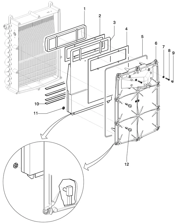Exploded view Intergas Kompakt Solo HR 28 A: Branderunit voorplaat met borstbout vana
