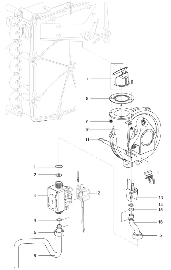 Exploded view Intergas Kompakt Solo HRE 12A: Gasstraat ventilator met tunnelventuri