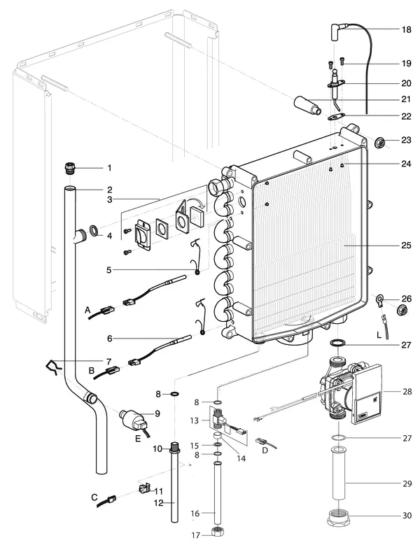 Exploded view Intergas Kombi Kompakt HRE 28/24A: Warmtewisselaar waterzijdig vanaf august
