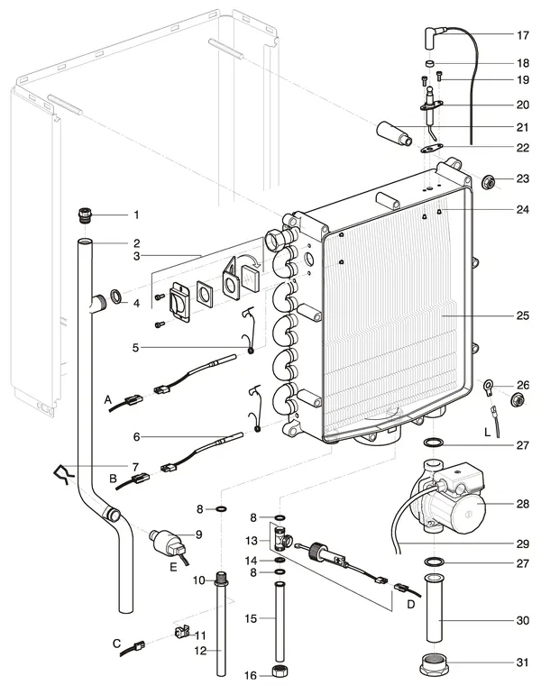 Exploded view Intergas Kompakt Solo HRE 12: Warmtewisselaar waterzijdig