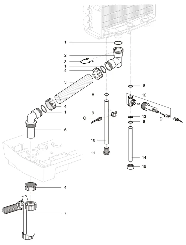 Exploded view Intergas Kompakt Solo HR 22: Tapwaterzijdig condensafvoer tot augustu
