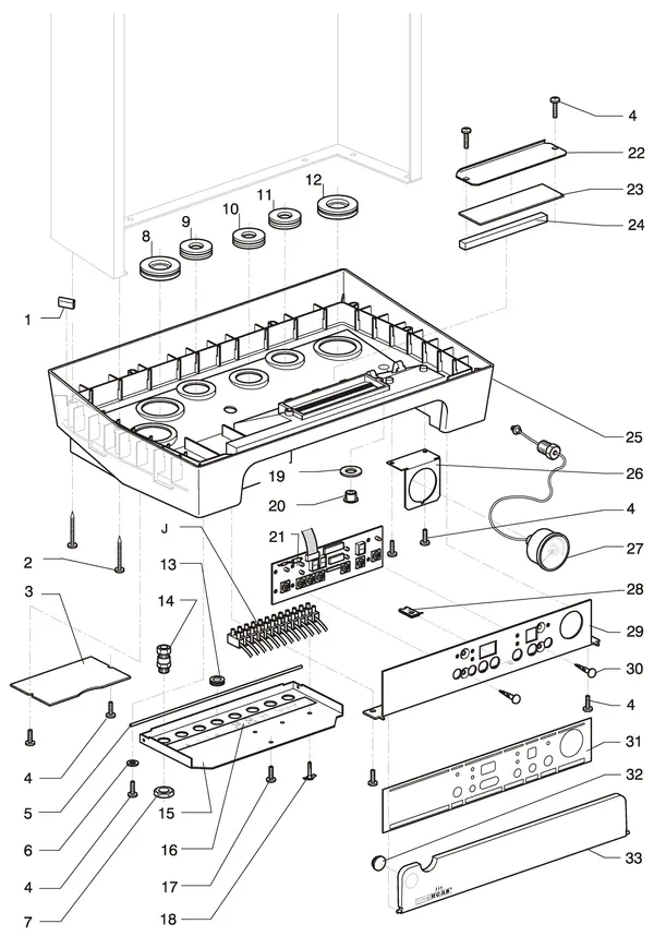 Exploded view Intergas Kombi Kompakt HR 22: Onderbak tot 31 december 2015
