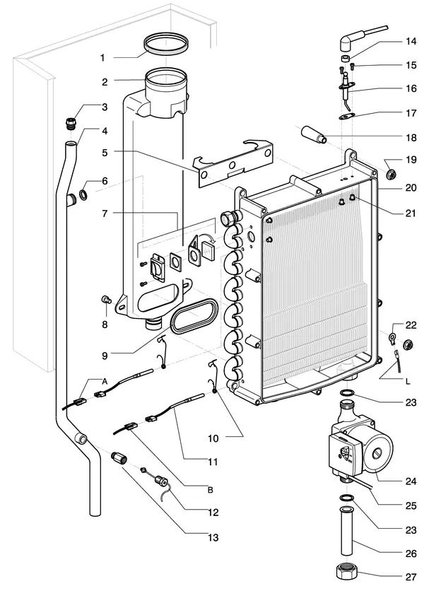 Exploded view Intergas Kombi Kompakt HR 36/30: Wisselaar rookgas waterzijdig tot august