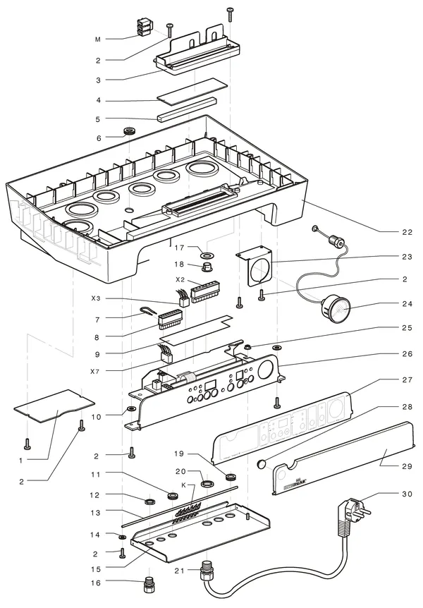 Exploded view Intergas Kombi Kompakt Tap HR 22: Onderbak en branderautomaat vanaf januar