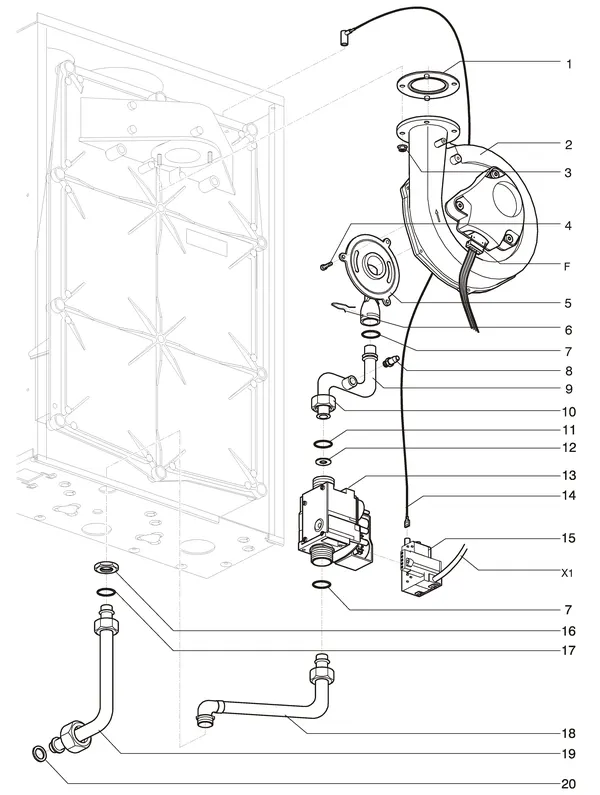 Exploded view Intergas Prestige CW6: Gasstraat ventilator met losse venturi