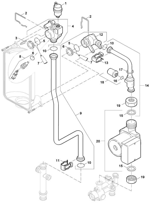 Exploded view Nefit (Bosch) SmartLine HR 24 STD: Pomp leidingen