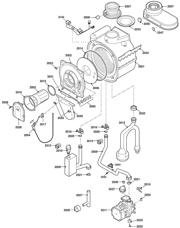 Exploded view Remeha Avanta 28C Combi CW4 | vanaf serienr. 0616301382100: Binnenwerk