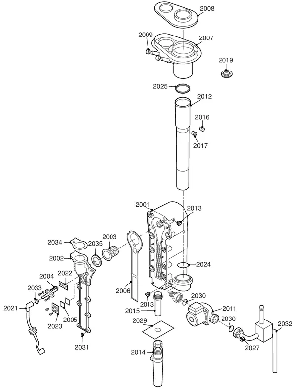 Exploded view Remeha Quinta 25 Combi: Wisselaar pomp rookgasafvoer
