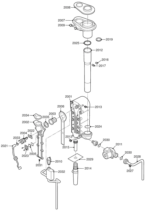 Exploded view Remeha Quinta 30 Solo: Wisselaar pomp rookgasafvoer