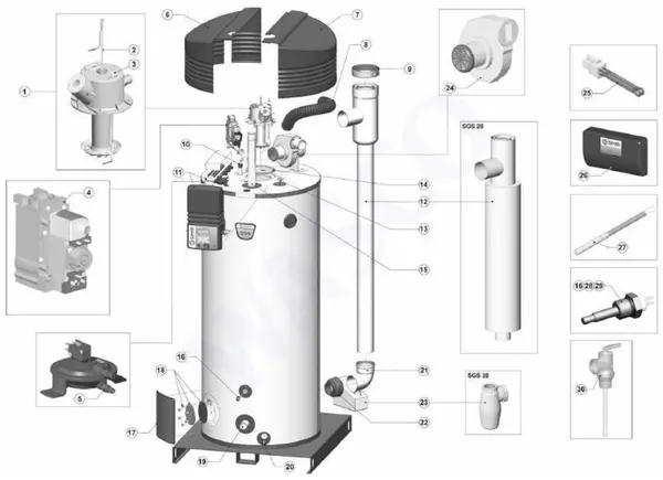 Exploded view A.O. Smith SGS 30 (tot 09-2009): Totaaloverzicht