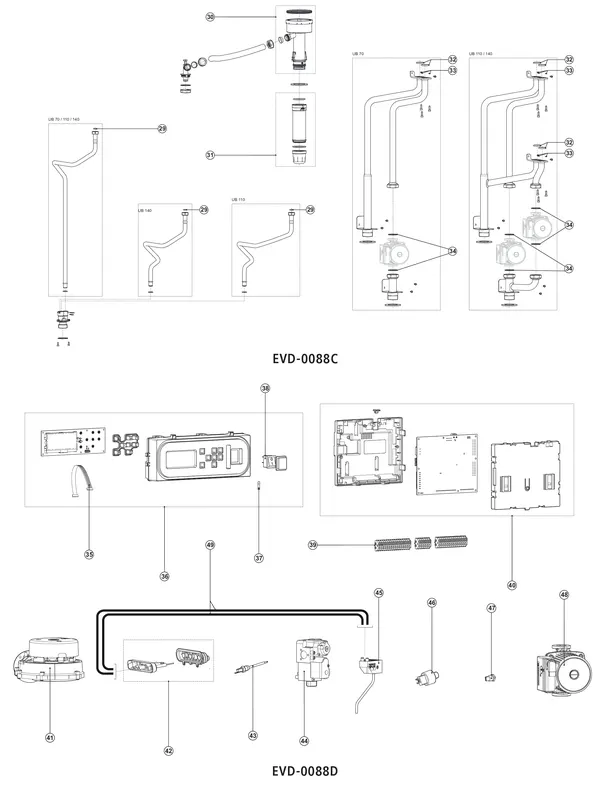 Exploded view A.O. Smith UB 110: Leiding besturing en elektrische onderde
