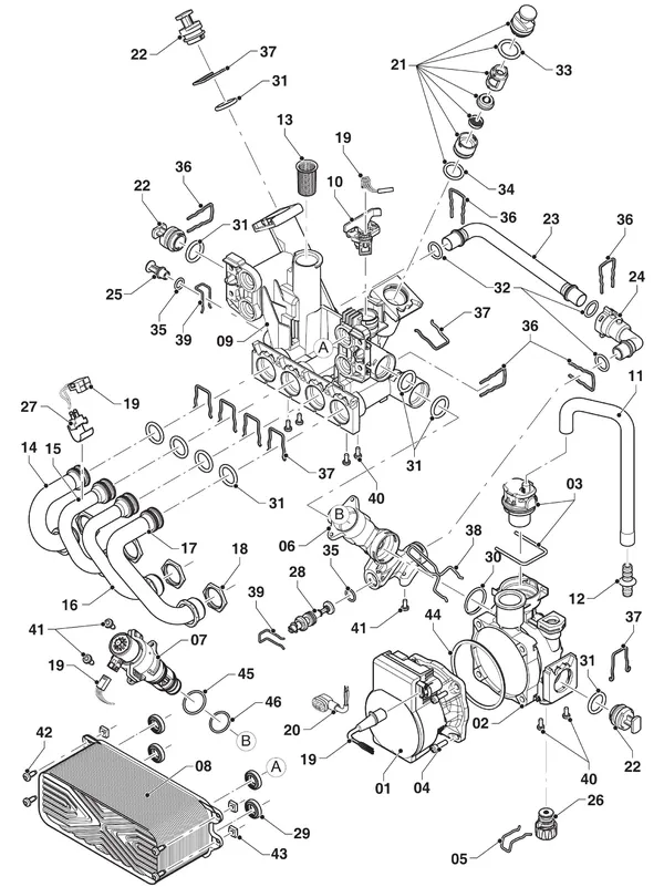 Exploded view Vaillant ecoTEC plus VHR 35/40 CS/1-5: Hydraulikdelen hydroblock