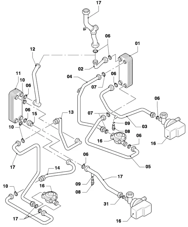 Exploded view Vaillant Combiketel Turbo CWK 24-12 E SO28: Warmtewisselaar platenwisselaar