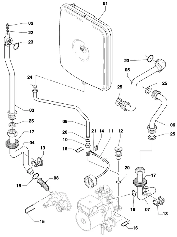 Exploded view Vaillant Combiketel Turbo CWK 245/4-5: Aansluitdelen