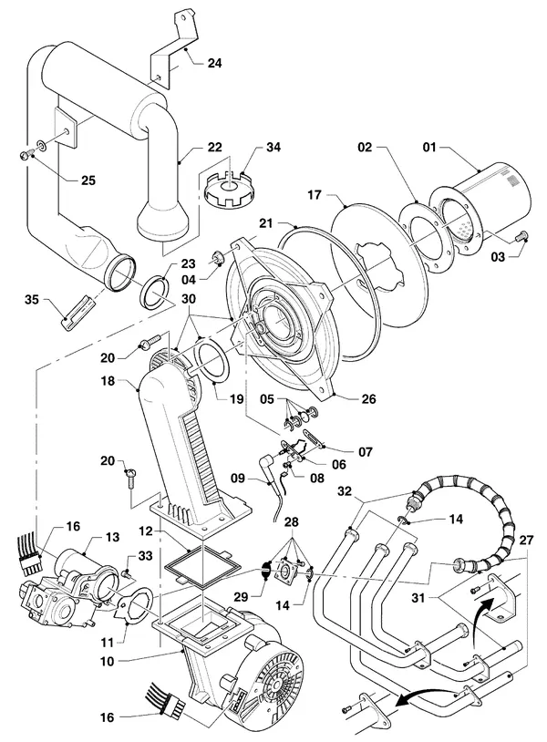 Vue éclatée Vaillant hrPRO CW 4/3 : Bloc gaz et ventilateur