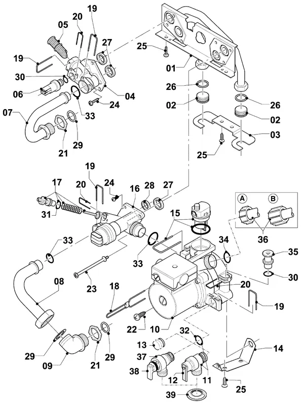 Exploded view Vaillant Cv-ketel Turbo VC 255/4-7 R3: Aansluitdelen hydroblok