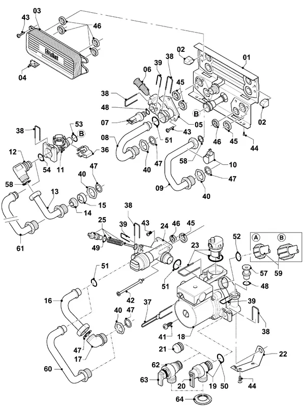 Exploded view Vaillant Combiketel VCW 254/4-7: Aansluitdelen hydroblok