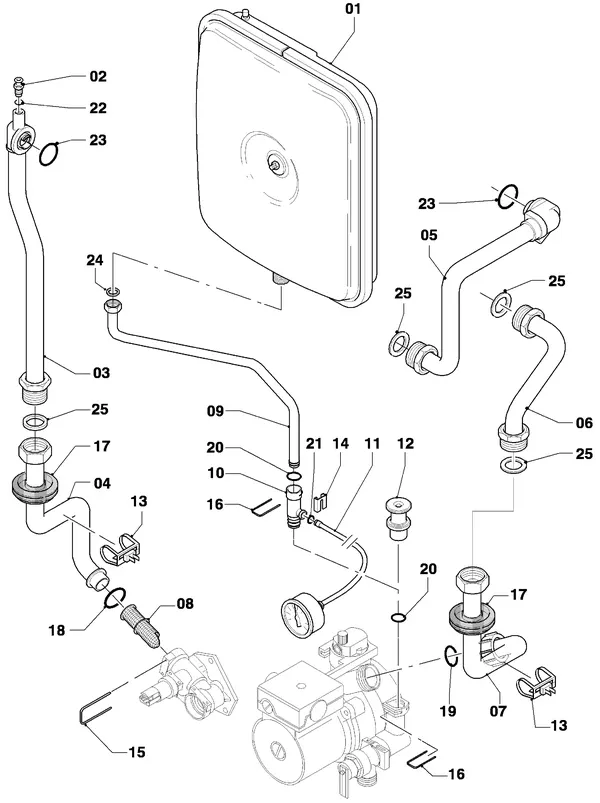Exploded view Vaillant Combiketel Turbo VCW 255/4-7 R3: Aansluitdelen
