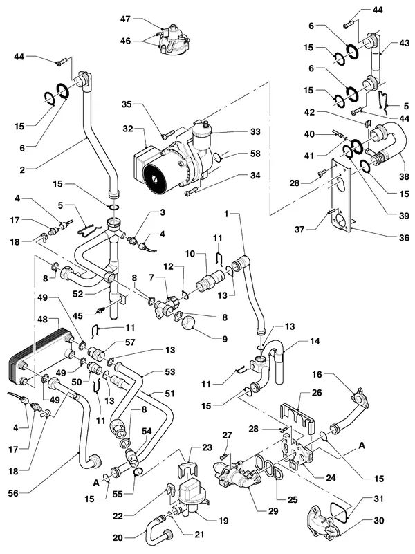 Exploded view Vaillant Combiketel Turbo VCW 255 E: Aansluitdelen