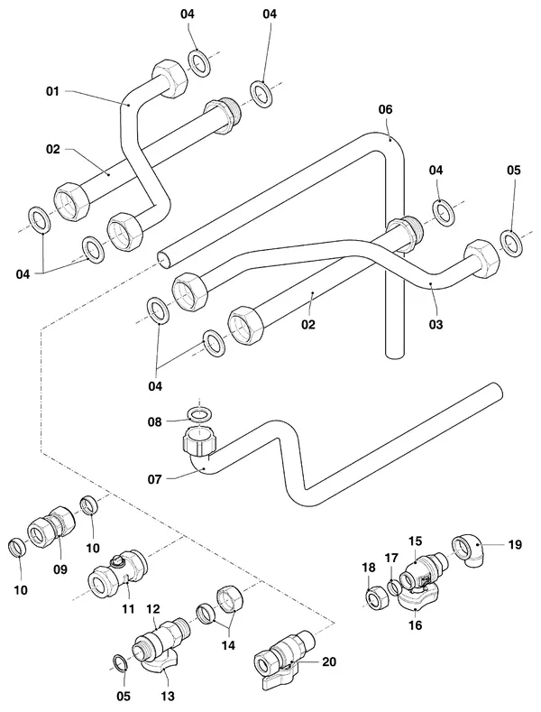 Exploded view Vaillant hrSOLIDE plus VHR 34/3-5 I: Aansluitdelen leidingen