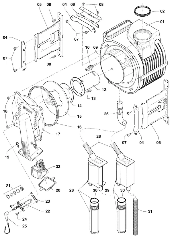 Vue éclatée Vaillant ecoTEC plus VHR 35/5-5 S R6 : Brûleur et échangeur thermique